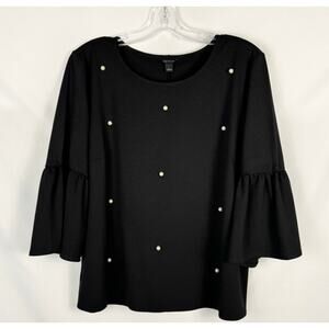 Womens Ann Taylor Black Pearl Embellished Top Size L Career Classic Church Comfy